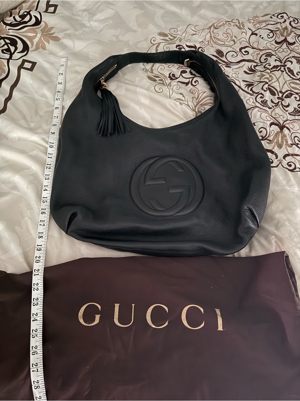 Gucci GG SoHo Black Leather Shoulder Hobo with Tassel and Embossed Logo